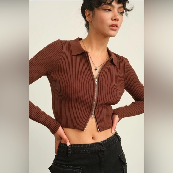 13B. Ribbed Double Zip Cardigan Top Taupe - Picture 4 of 7